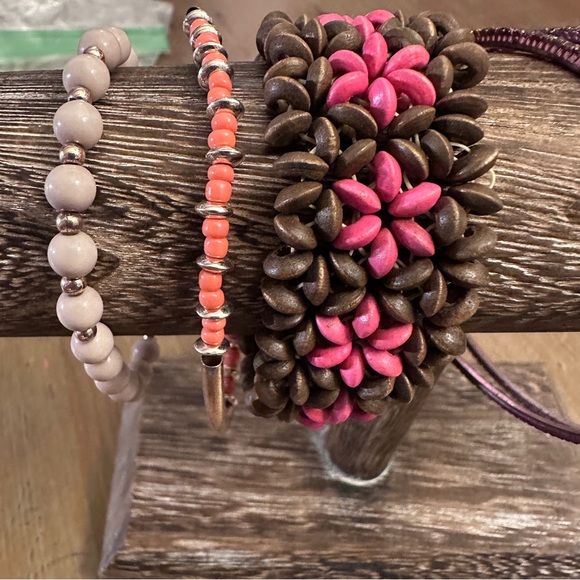 Pink and Brown Beaded Bracelet Bangle Set - Picture 4 of 10